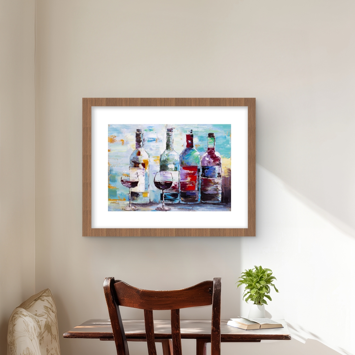 C1FM1620PB88HN 16 x 20 in. Four Bottles of Wine - Turquoise Framed Print Wall Art for Home Decor