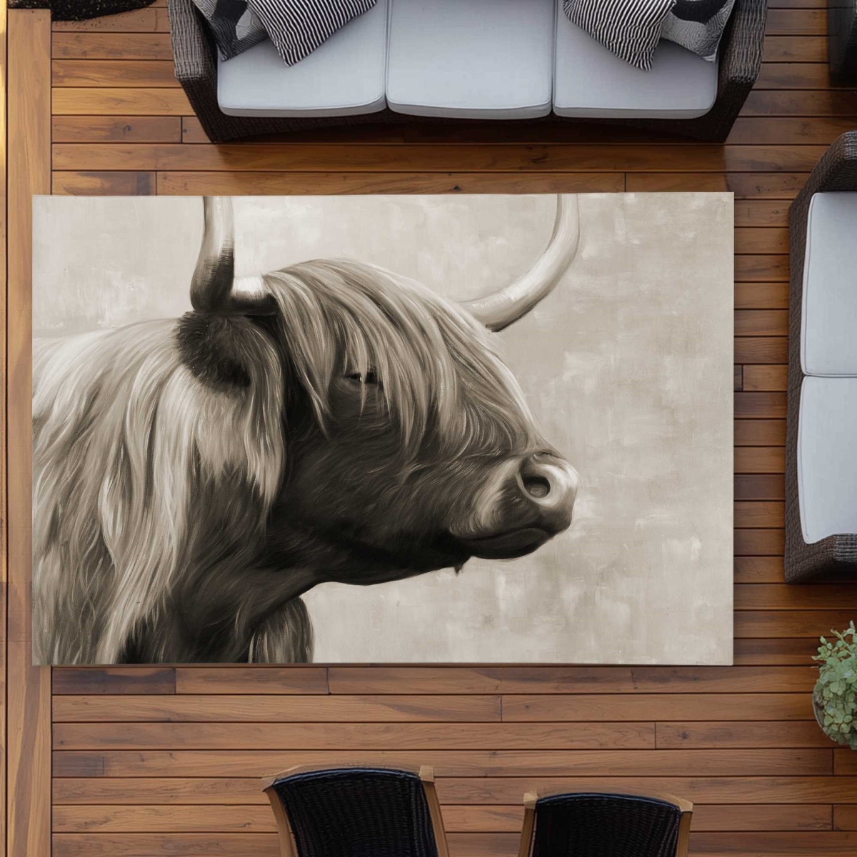 C1ROAR570BJC8M 5 x 7 ft. Beautiful Highland Cattle Sepia Rectangle Area Rug - Rustic Outdoor Decor