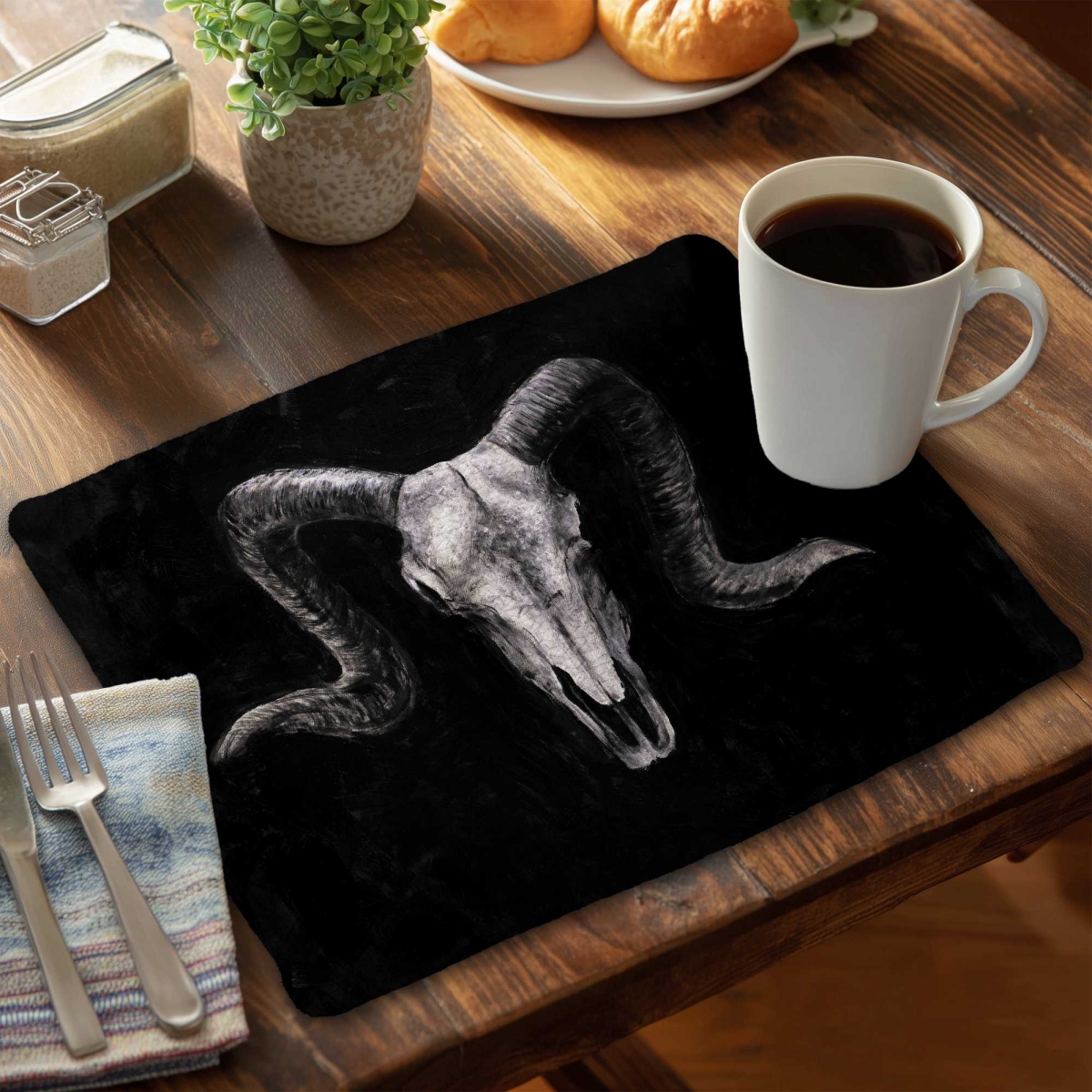 Picture of Begin Home Decor C6BP1418OPIYCD 14 x 18 in. Ram Skull Grunge Style Braided Polyester Placemat - Decor - Set of 6