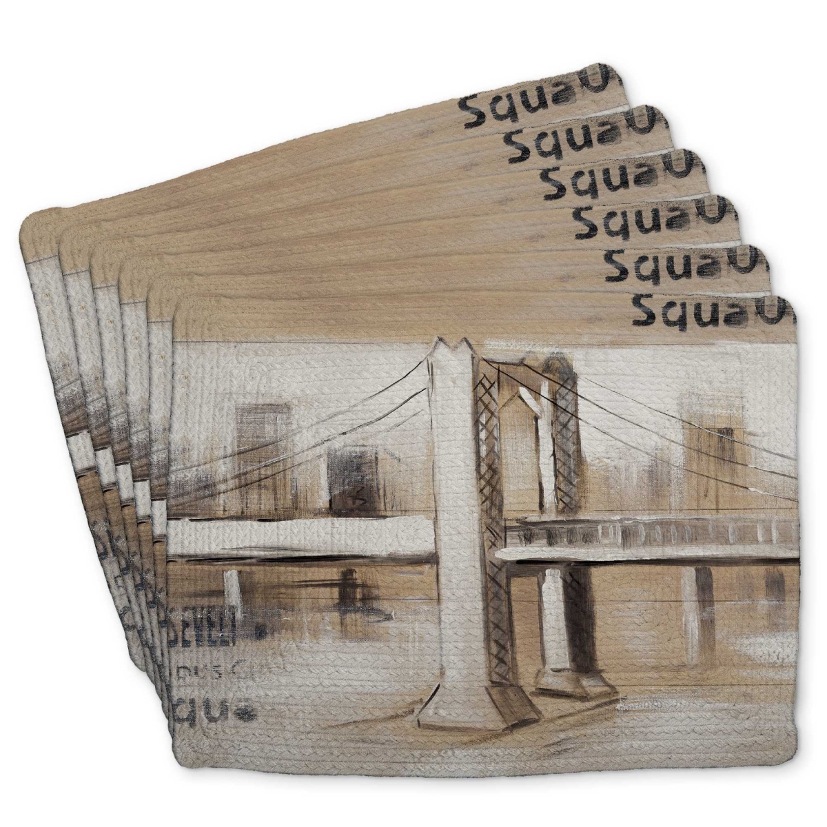 Picture of Begin Home Decor C6BP1418ZNB8AT 14 x 18 in. Abstract Bridge with Typography - Braided Polyester Placemat - Set of 6