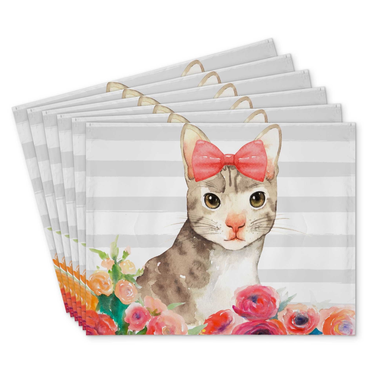 Picture of Begin Home Decor C6PP14187INJFB 14 x 18 in. Small Cat with Flowers Polyester Placemat - Home Decor - Set of 6