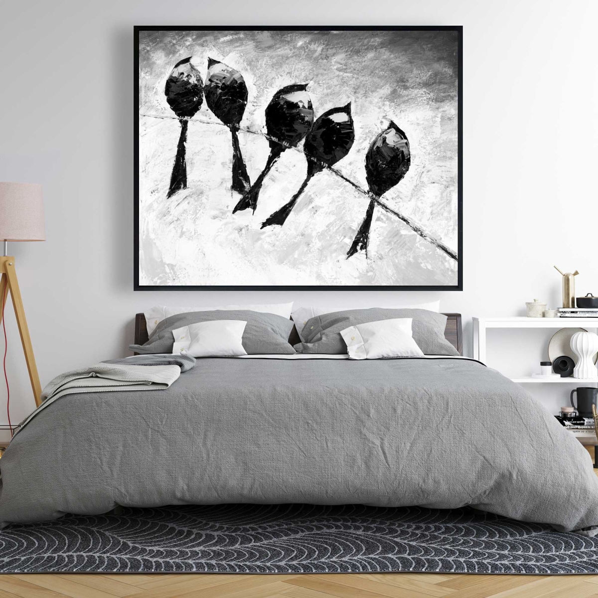 C1FC4860LFOXP9 48 x 60 in. Five Birds Perched - Black Office Framed Canvas - Home Decor