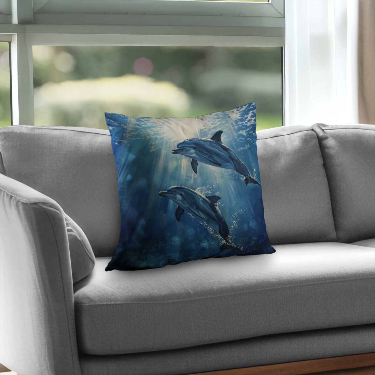 C1PC20209WWYA0 20 x 20 in. Two Dolphins Gray Poly Twill Throw - Stylish Home Decor