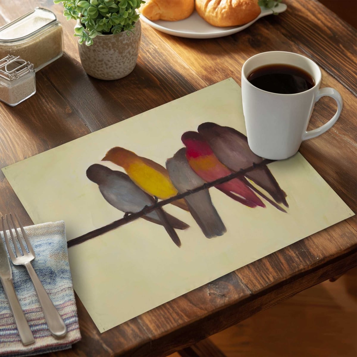 Picture of Begin Home Decor C4PP1418PYW2X5 14 x 18 in. Five Birds on a Branch Polyester Placemat - Home Decor - Set of 4