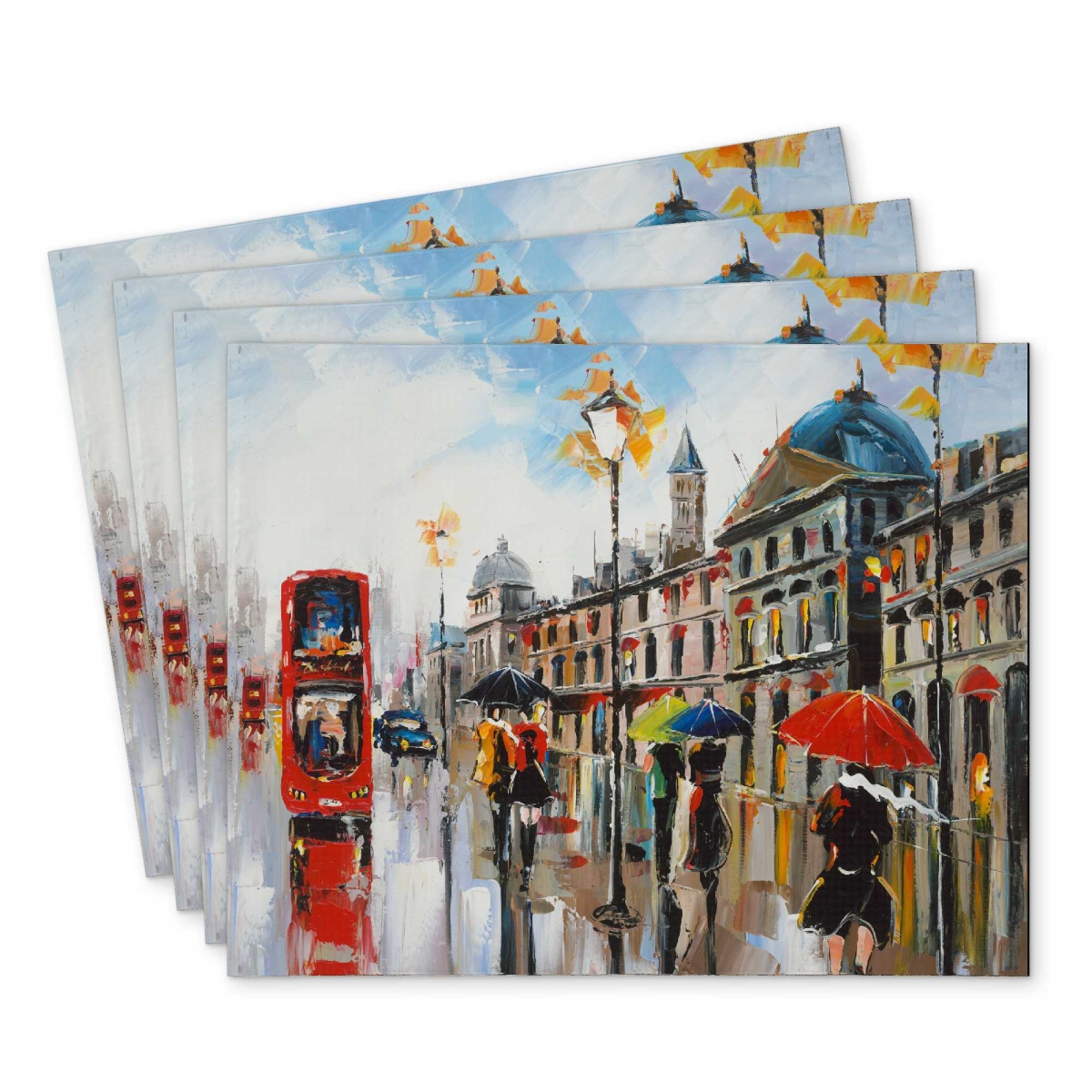 Picture of Begin Home Decor C4PP1418VRCK4I 14 x 18 in. Colorful Street with Red Bus Polyester Placemat - Home Decor - Set of 4