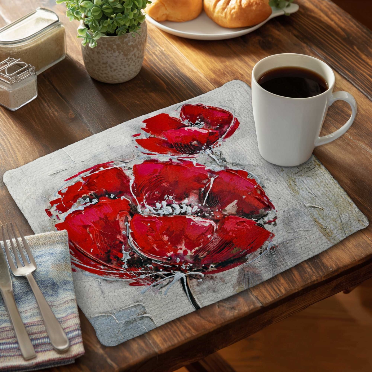 Picture of Begin Home Decor C6BP14181LP05X 14 x 18 in. Abstract Texturized Red Flowers Braided Polyester Placemat - Set of 6