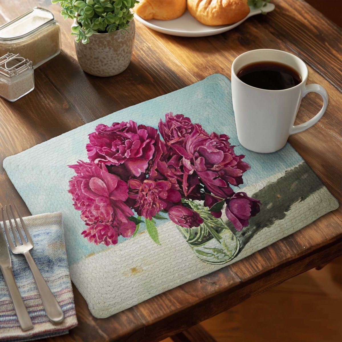 Picture of Begin Home Decor C6BP14184XATUP 14 x 18 in. Fuchsia Peony Braided Polyester Placemat for Home Decor - Set of 6