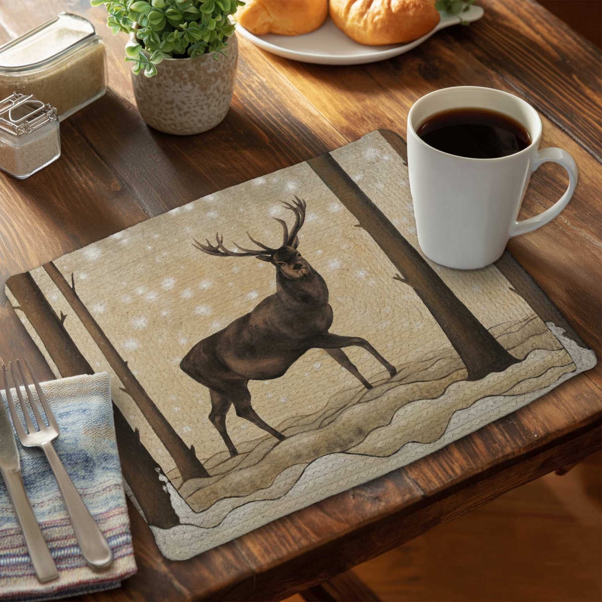 Picture of Begin Home Decor C6BP14188QREJ4 14 x 18 in. Roe Deer in Winter Landscape - Braided Polyester Placemat - Set of 6