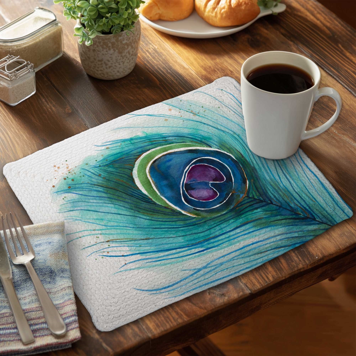 Picture of Begin Home Decor C6BP14188XXNJG 14 x 18 in. Peacock Feather Closeup - Braided Polyester Placemat - Decor - Set of 6