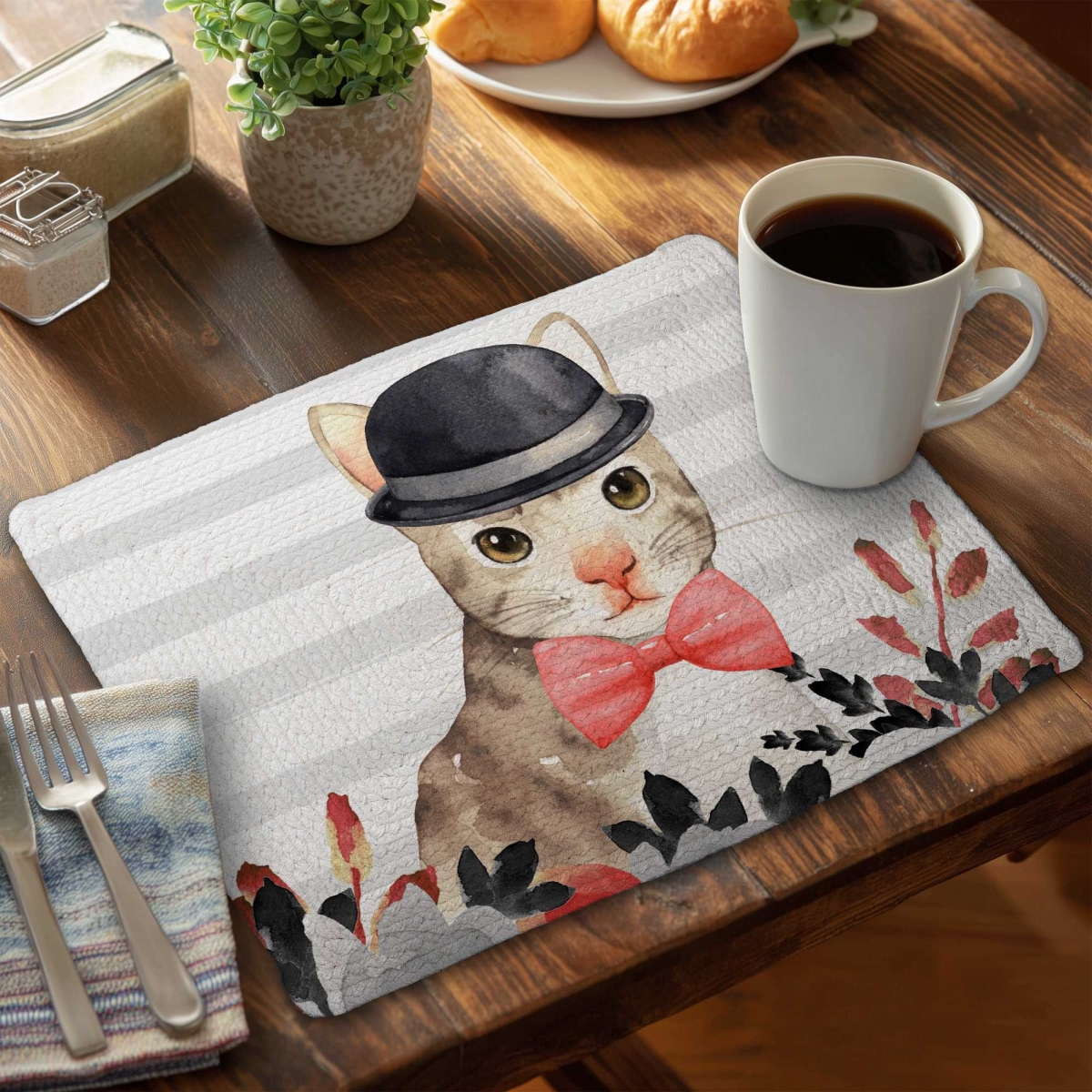 Picture of Begin Home Decor C6BP1418A36XUO 14 x 18 in. Cat Detective - Braided Polyester Placemat for Home Decor - Set of 6
