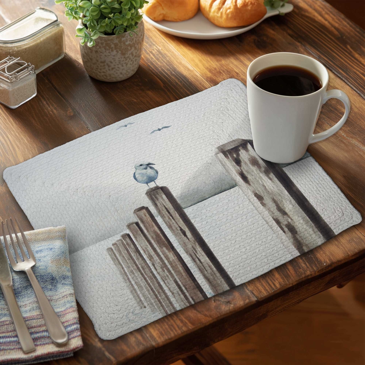 Picture of Begin Home Decor C6BP1418FHKDHO 14 x 18 in. Seagull at the Marina - Braided Polyester Placemat for Decor - Set of 6