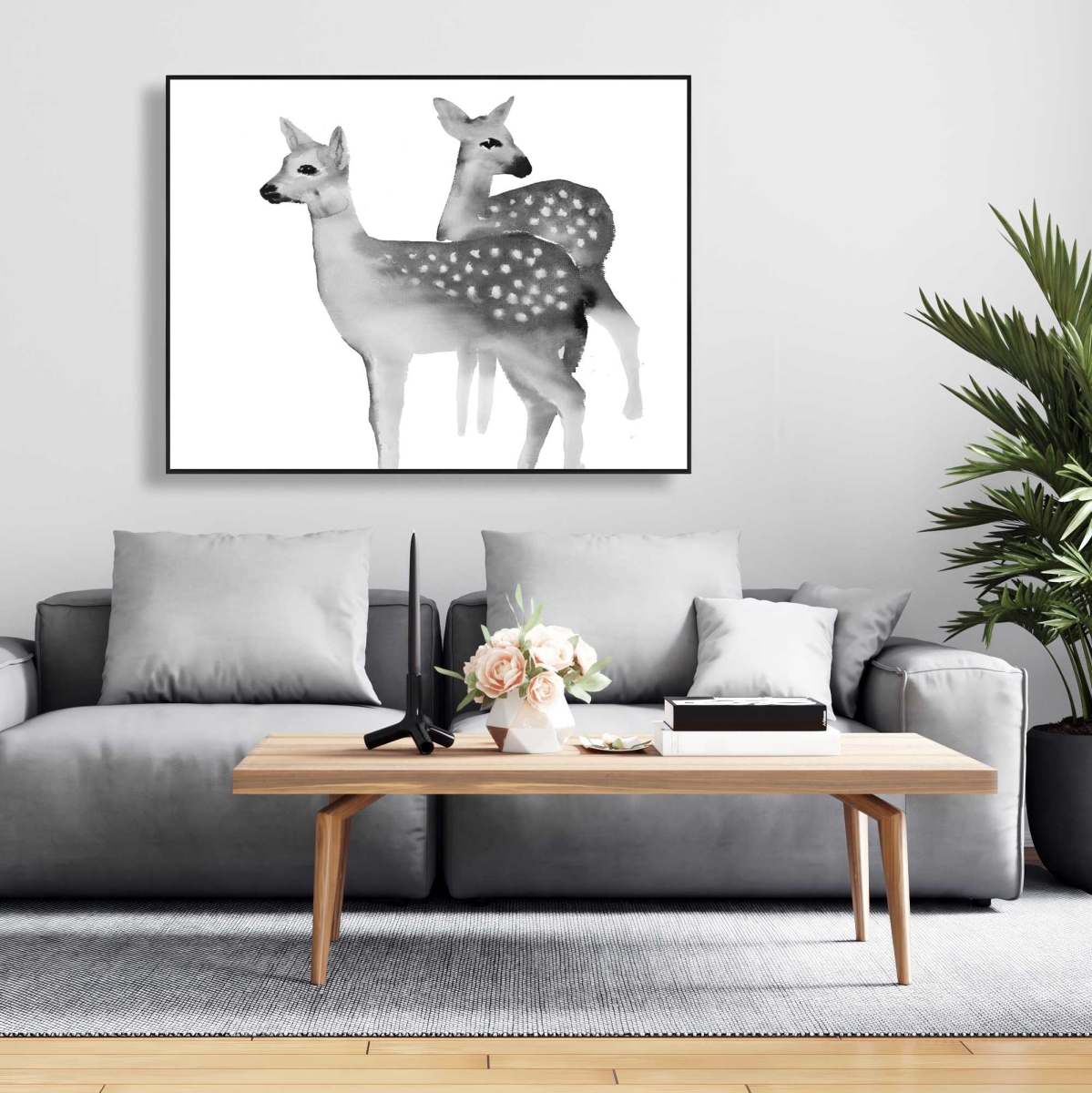 C1FC3648WGNX8J 36 x 48 in. Faon Black & White - Rustic Deer Framed Canvas Decor