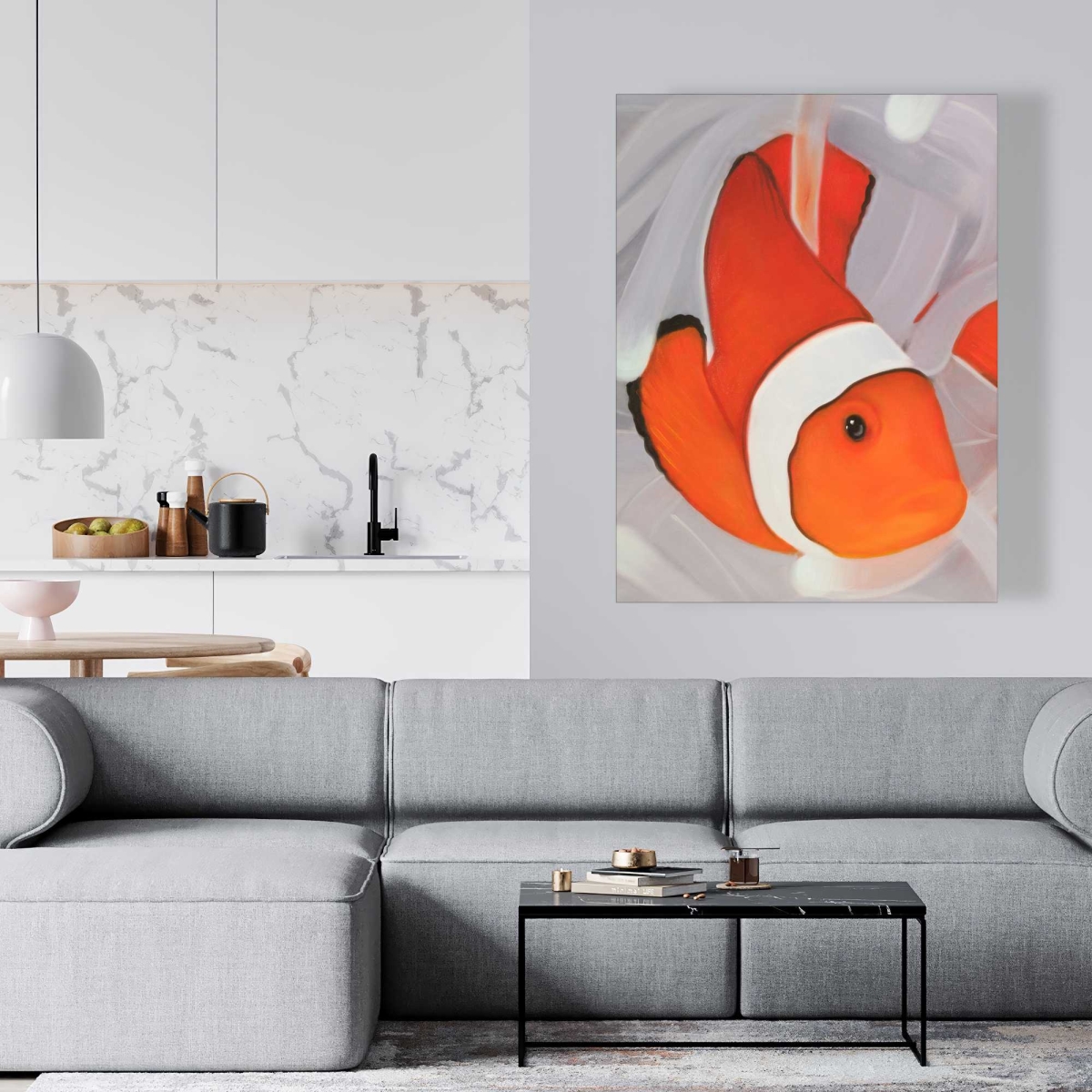 C1RC36489FEFNL 36 x 48 in. Clownfish Under The Sea - Hyperrealist Bathroom Canvas Decor