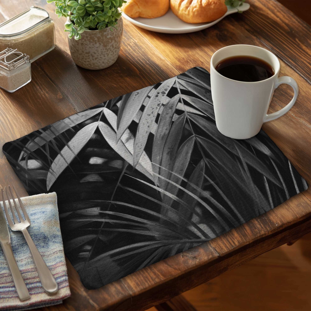 Picture of Begin Home Decor C4BP1418HLQA7J 14 x 18 in. Monochrome Tropical Leaves Braided Polyester Placemat - Set of 4