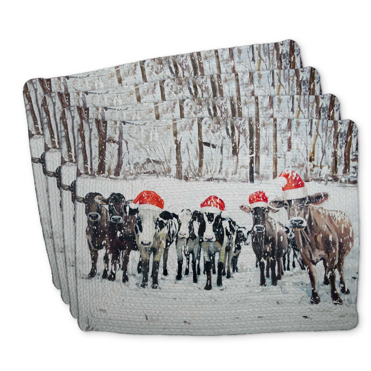 Picture of Begin Home Decor C4BP1418PG45MI 14 x 18 in. Curious Christmas Cows - Braided Polyester Placemat - Decor - Set of 4