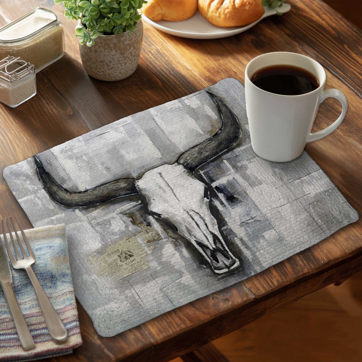 Picture of Begin Home Decor C4BP1418QXJQG5 14 x 18 in. Bull Skull Braided Polyester Placemat - Industrial Decor - Set of 4