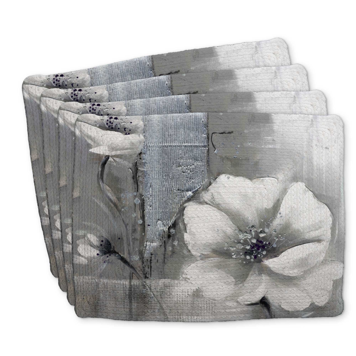 Picture of Begin Home Decor C4BP1418Y6EIAA 14 x 18 in. Monochrome & Silver Flowers Braided Polyester Placemat - Set of 4