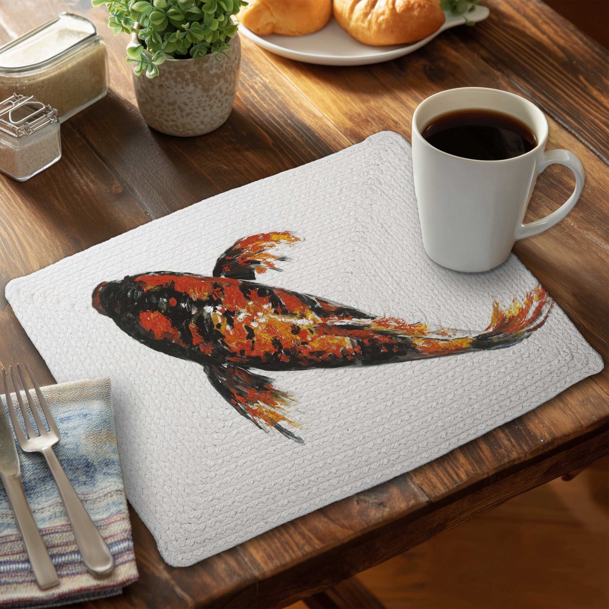 Picture of Begin Home Decor C4BP1418ZH6H1Z 14 x 18 in. Red Butterfly Koi Fish Braided Polyester Placemat - Decor - Set of 4