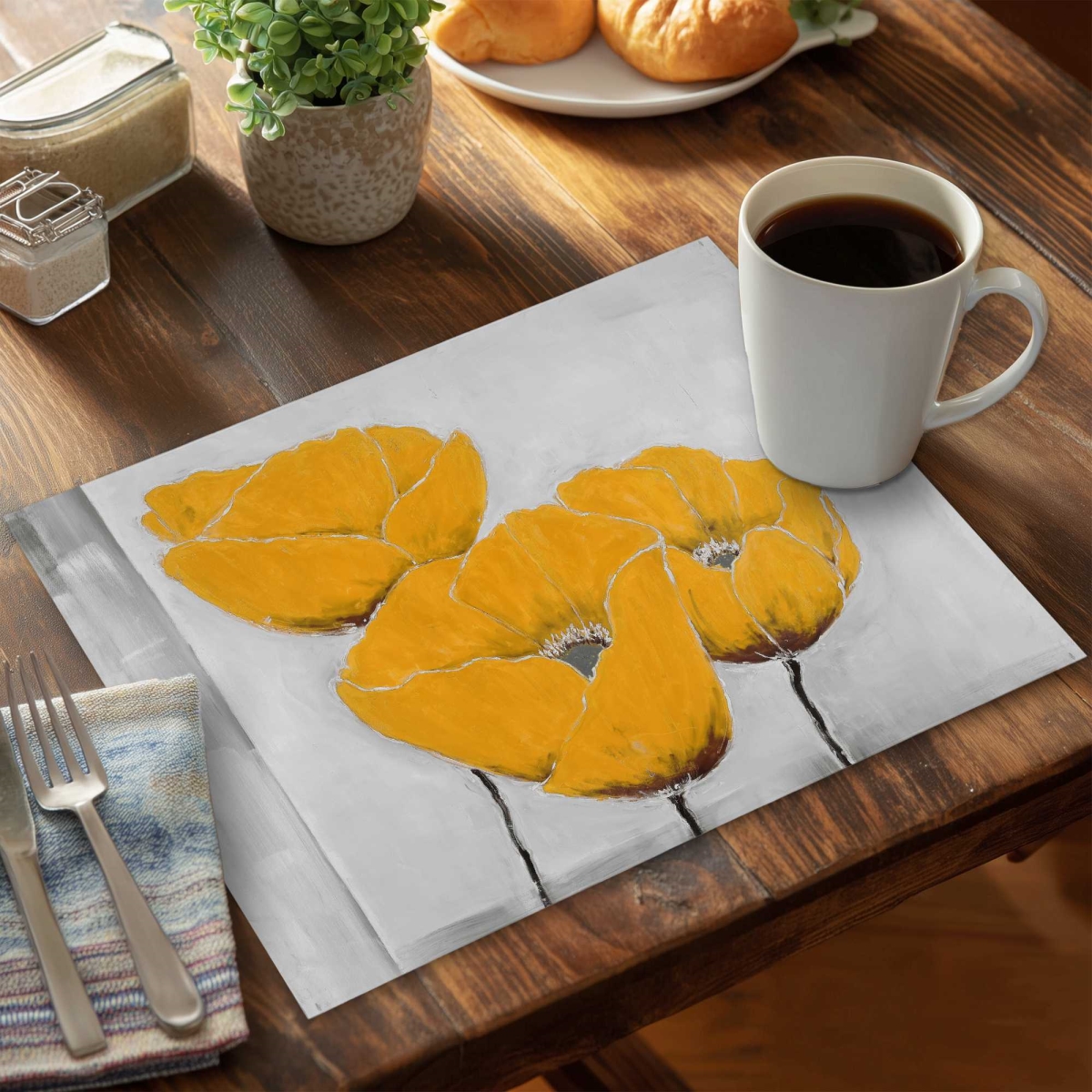 Picture of Begin Home Decor C4PP1418LGNU8J 14 x 18 in. Three Yellow Flowers Polyester Placemat - Home Decor Accent - Set of 4