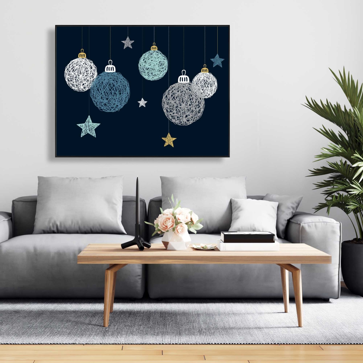 C1FC36481OK6VX 36 x 48 in. Christmas Ball Vector - Blue Illustrative Framed Canvas