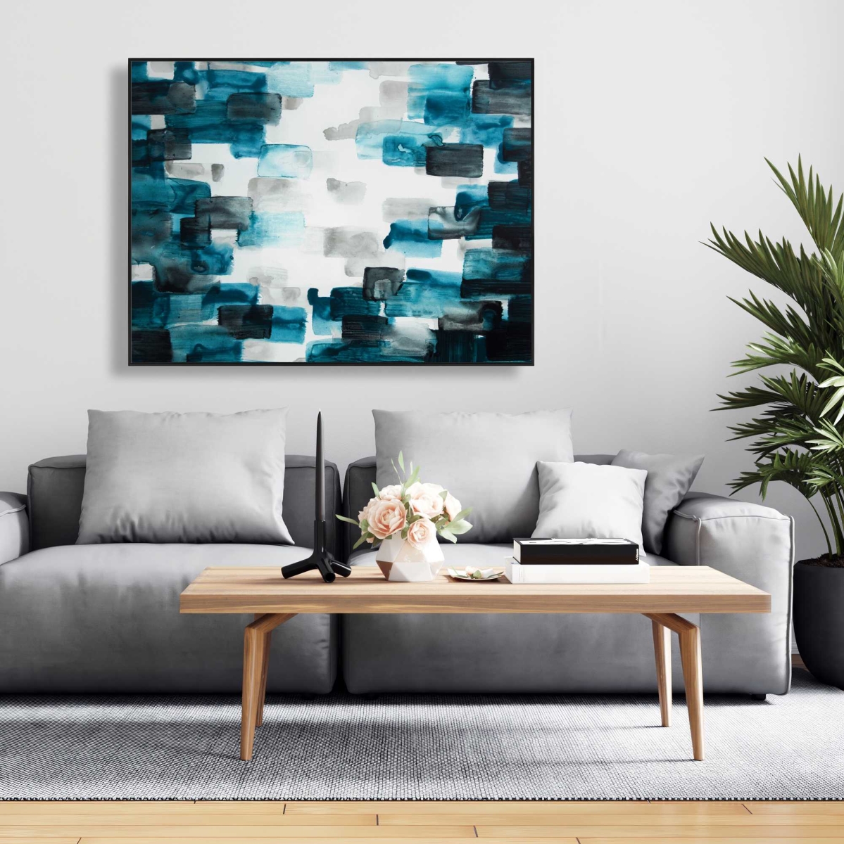 C1FC36481SCNWC 36 x 48 in. Turquoise & Gray Square Abstract Canvas - Home Decor Art