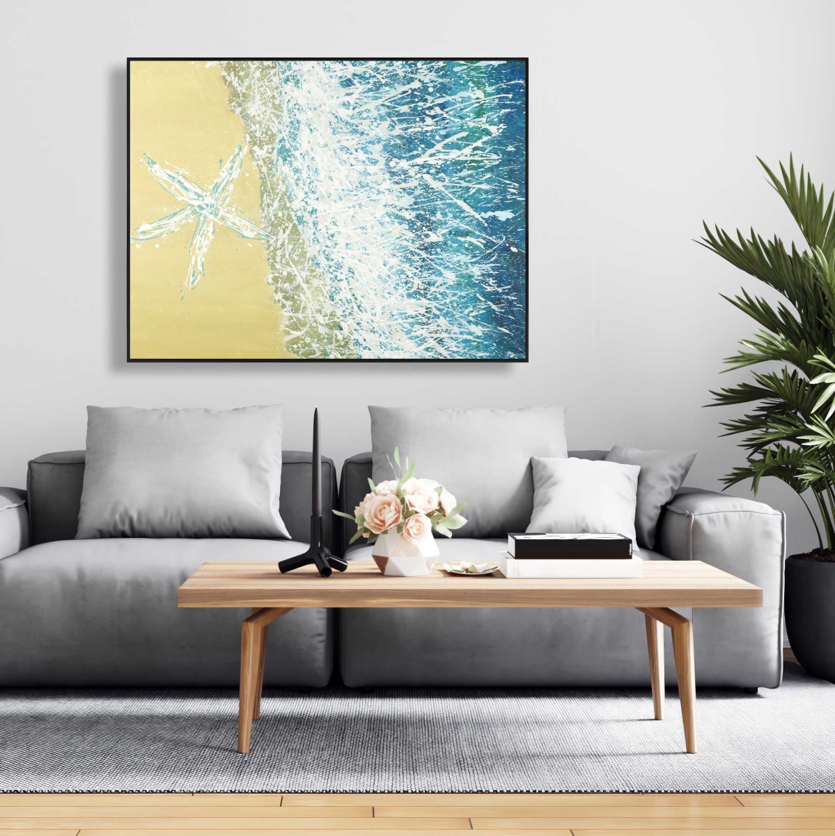 C1FC36486P44RE 36 x 48 in. Left Side Seastar - Turquoise Contemporary Framed Canvas