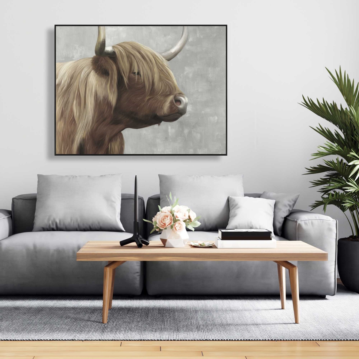C1FC364882VU93 36 x 48 in. Beautiful Desaturated Highland Cattle - Black Framed Canvas