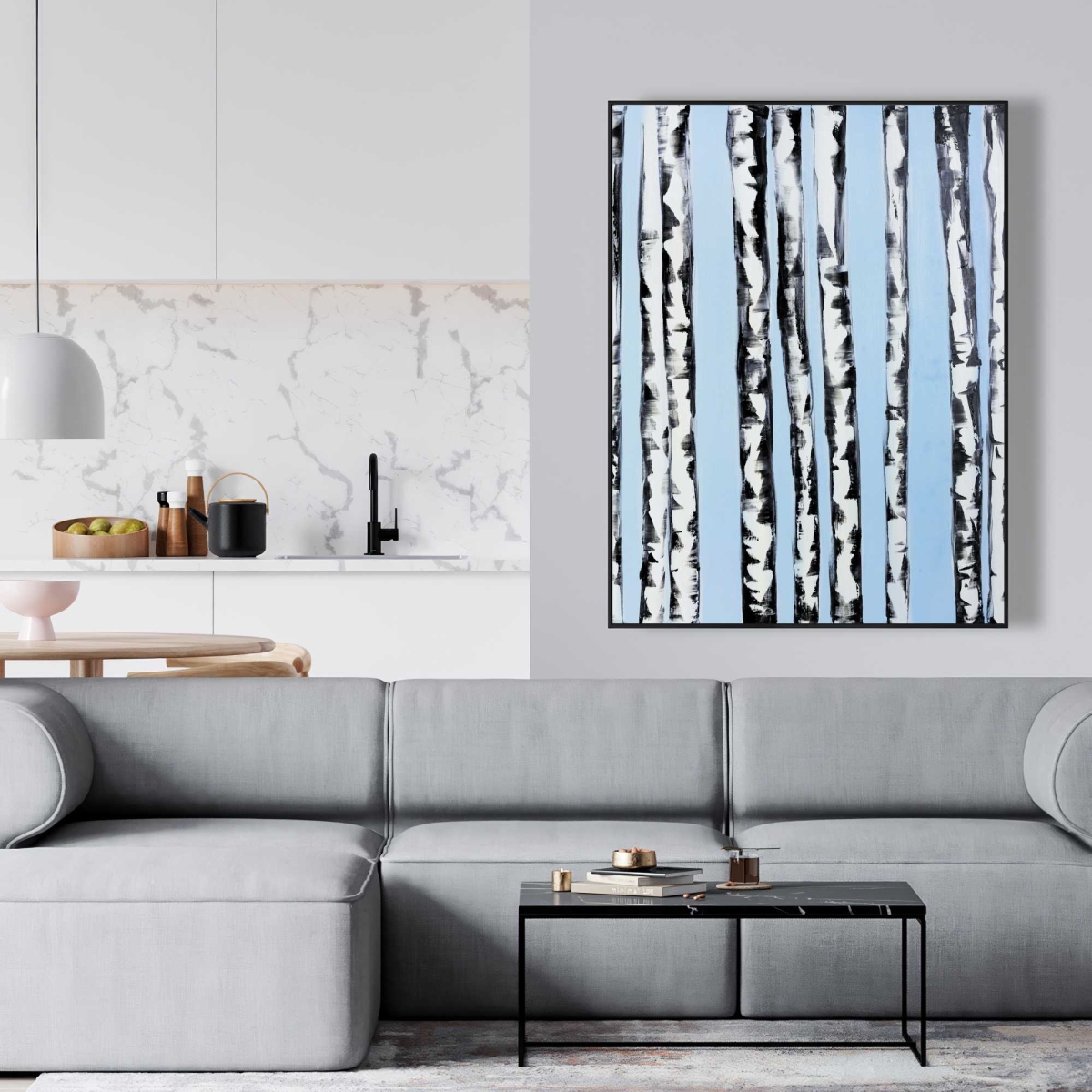 C1FC3648BQGT5D 36 x 48 in. Birches on a Blue Background - Black Trees Framed Canvas