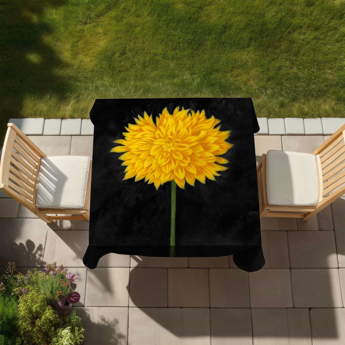 Picture of Begin Home Decor C1TC58586QR7C8 58 x 58 in. Yellow Chrysanthemum Black Rustic Tablecloth - Indoor & Outdoor