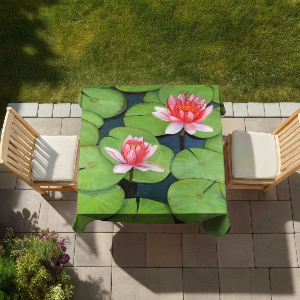 Picture of Begin Home Decor C1TC58586Z2EDN 58 x 58 in. Lotus Flowers in A Swamp Tablecloth - Green Botanical Decor