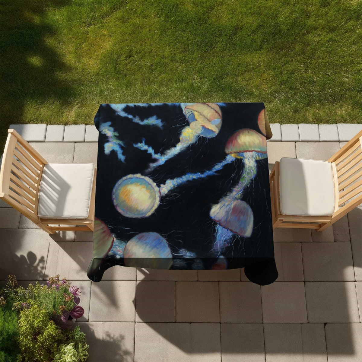 Picture of Begin Home Decor C1TC5858EE24O1 58 x 58 in. Colorful Jellyfishes in the Dark - Tablecloth for Home Decor