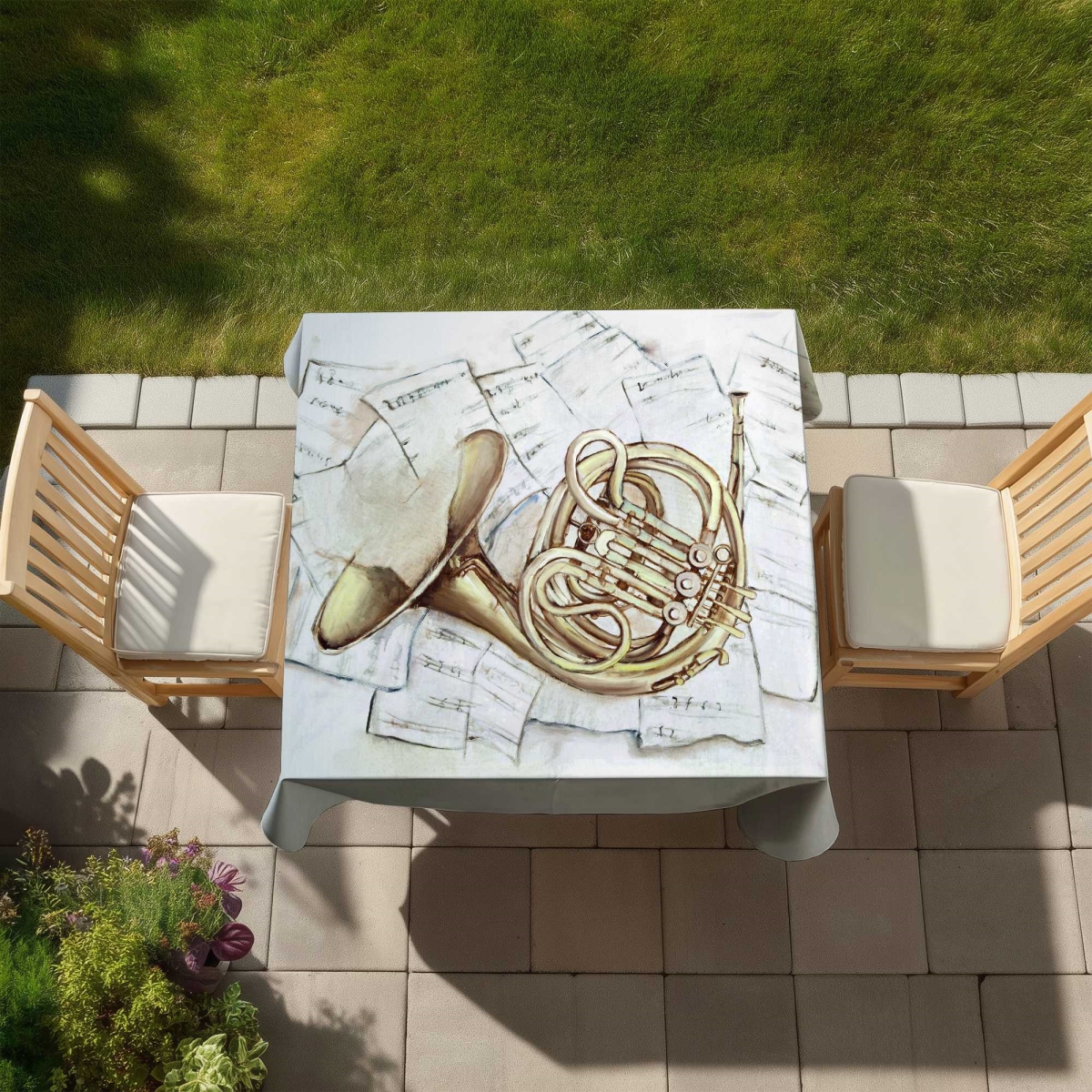 Picture of Begin Home Decor C1TC5858F5B2LY 58 x 58 in. Horn on Music Sheet Tablecloth - Indoor & Outdoor Home Decor