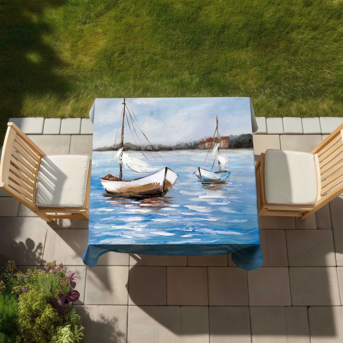 Picture of Begin Home Decor C1TC5858LSG2IM 58 x 58 in. Two Boats on the Water Tablecloth - Coastal Bedroom Decor