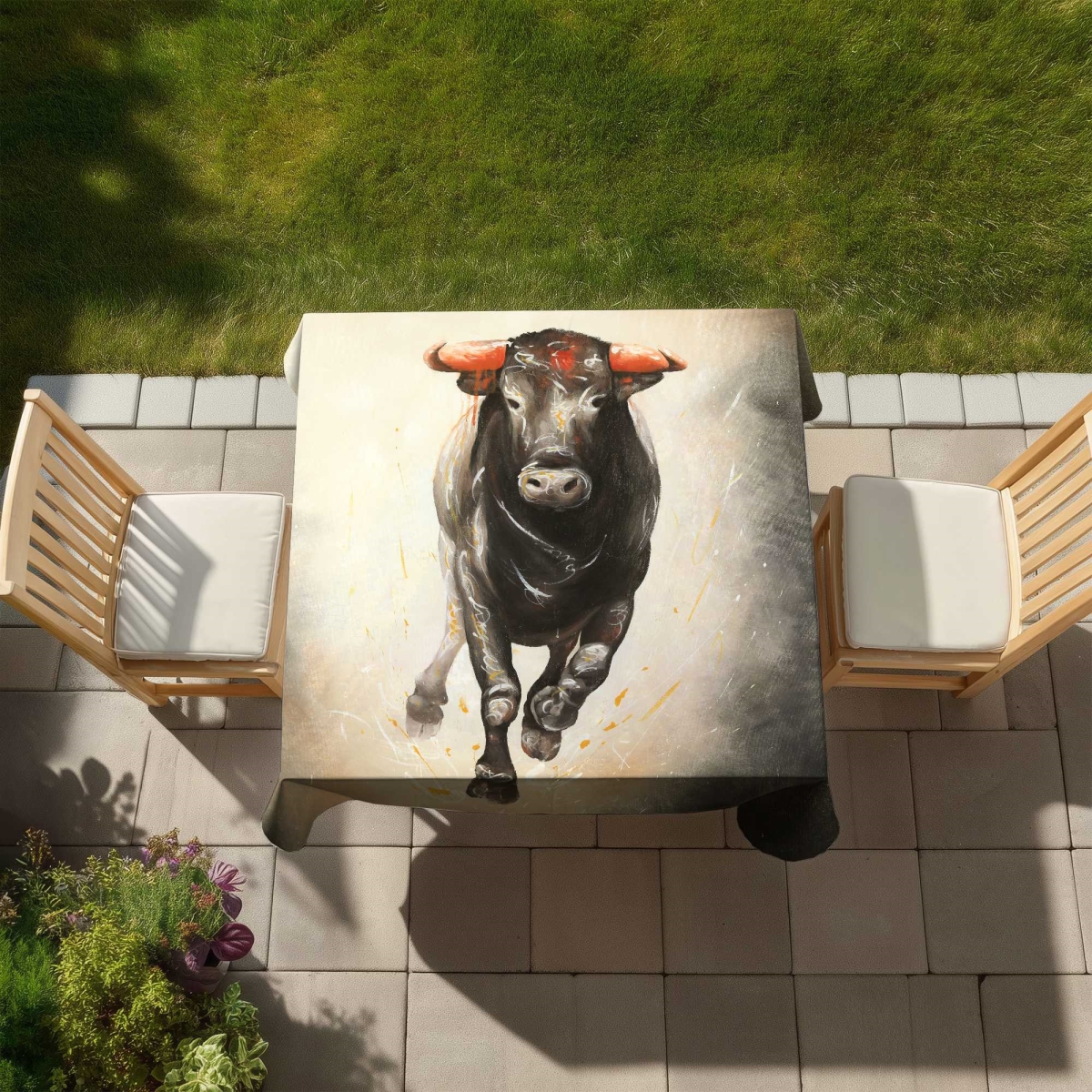 Picture of Begin Home Decor C1TC5858R1691G 58 x 58 in. Bull Running Tablecloth - Man Cave Decor for Indoor & Outdoor