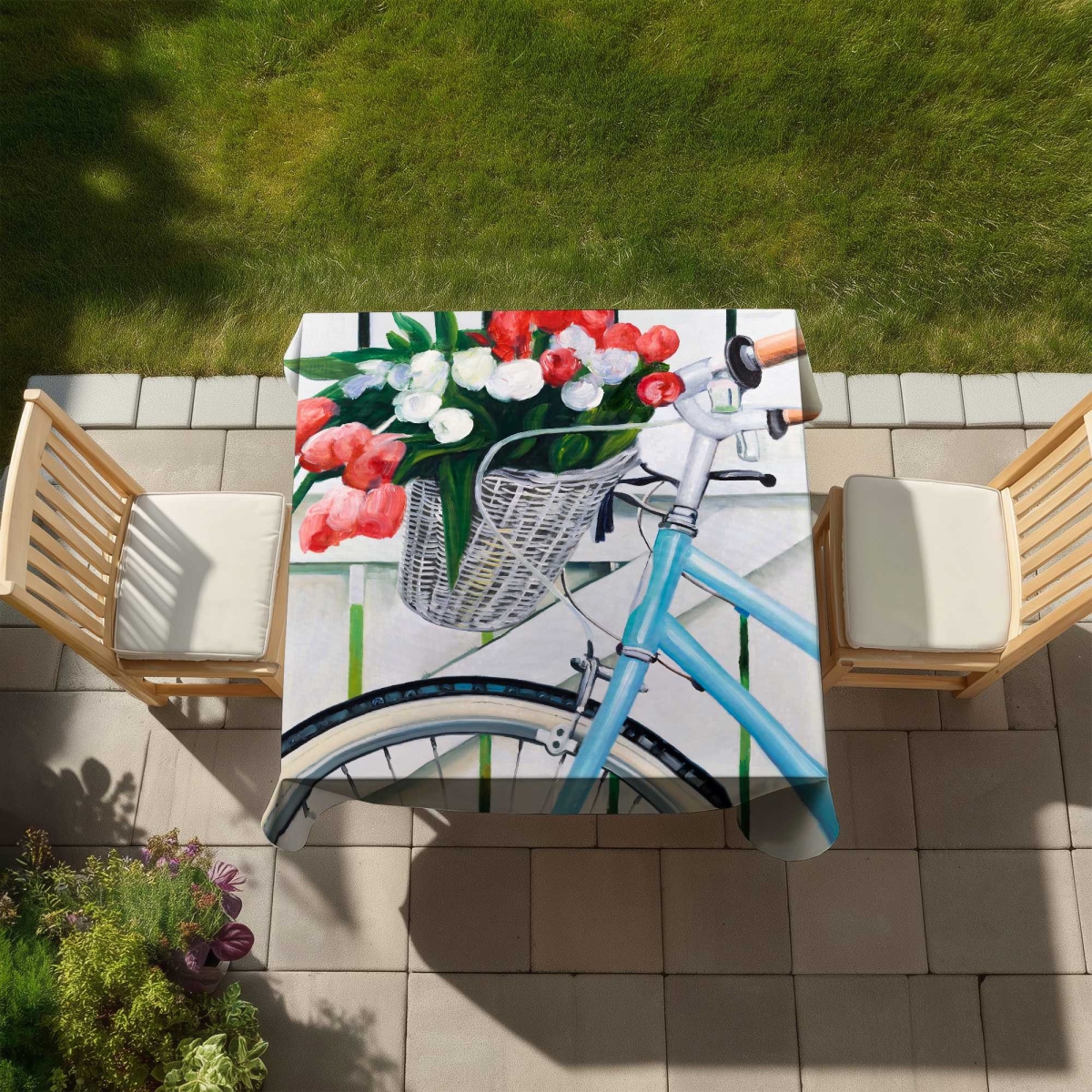 Picture of Begin Home Decor C1TC5858T94WWO 58 x 58 in. Bicycle with Tulips Tablecloth - Farmhouse Indoor & Outdoor