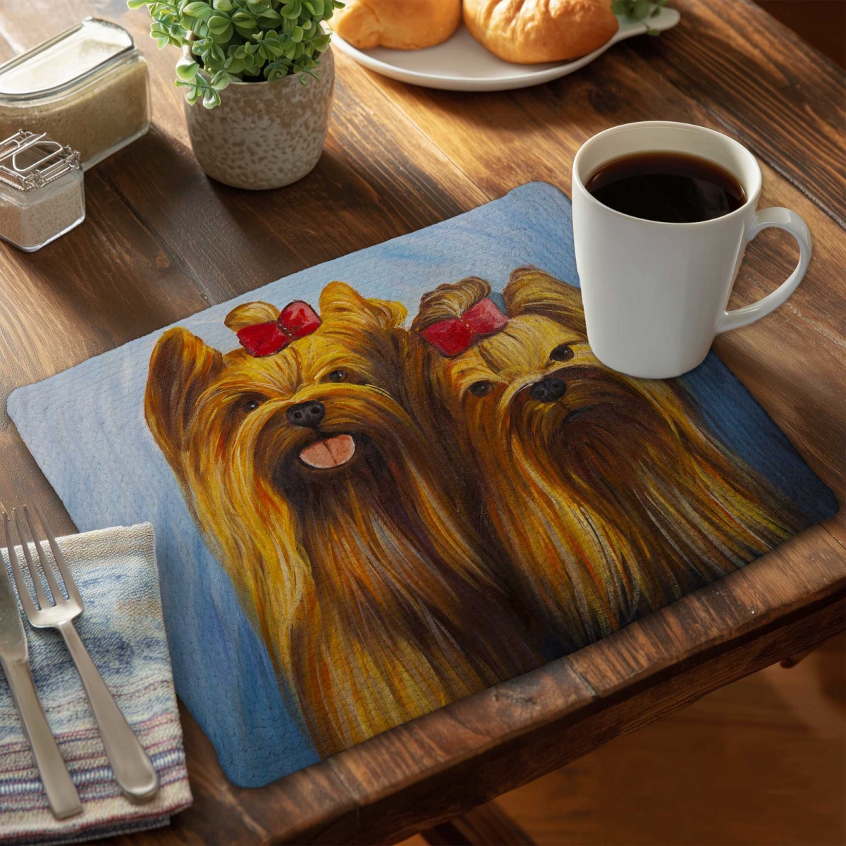 Picture of Begin Home Decor C4BP14182RP8AA 14 x 18 in. Two Smiling Dogs Bow Tie Braided Polyester Placemat - Decor - Set of 4