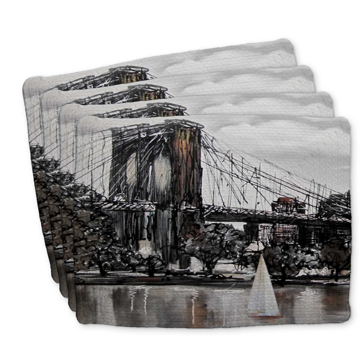 Picture of Begin Home Decor C4BP1418453853 14 x 18 in. Brooklyn Bridge with Boats Braided Polyester Placemat - Set of 4