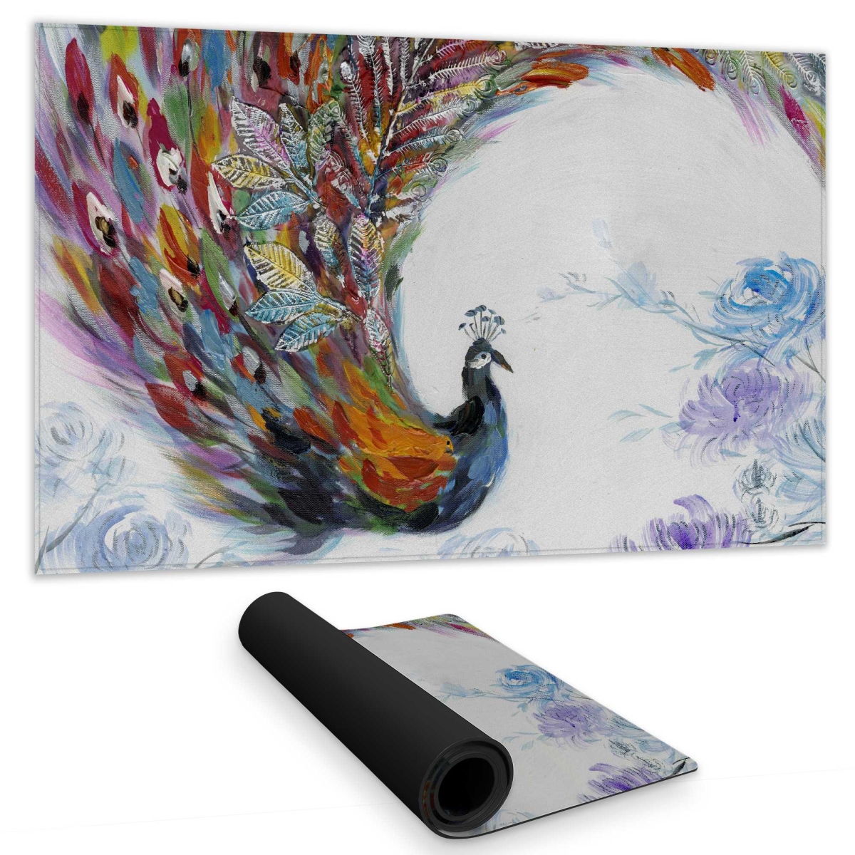 C1DM1424Z0YHX4 14 x 24 in. Colorful Peacock with Flowers - Purple Living Room Gaming Desk Mat