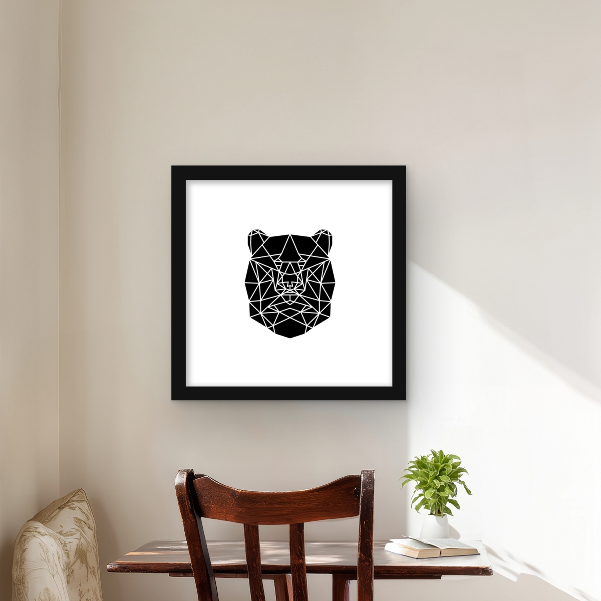 C1FM1616H4Z24J 16 x 16 in. Geometric Bear Head - White Framed Matted Print Wall Art - Home Decor