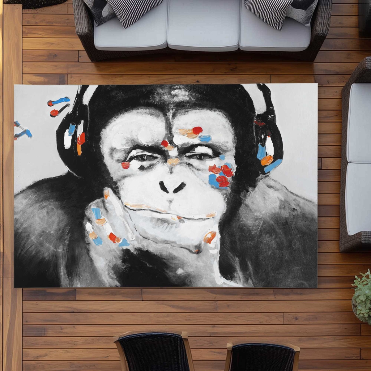 C1ROAR57TLB6CJ 5 x 7 ft. Monkey with Headphones - Orange Contemporary Outdoor Rectangle Area Rug