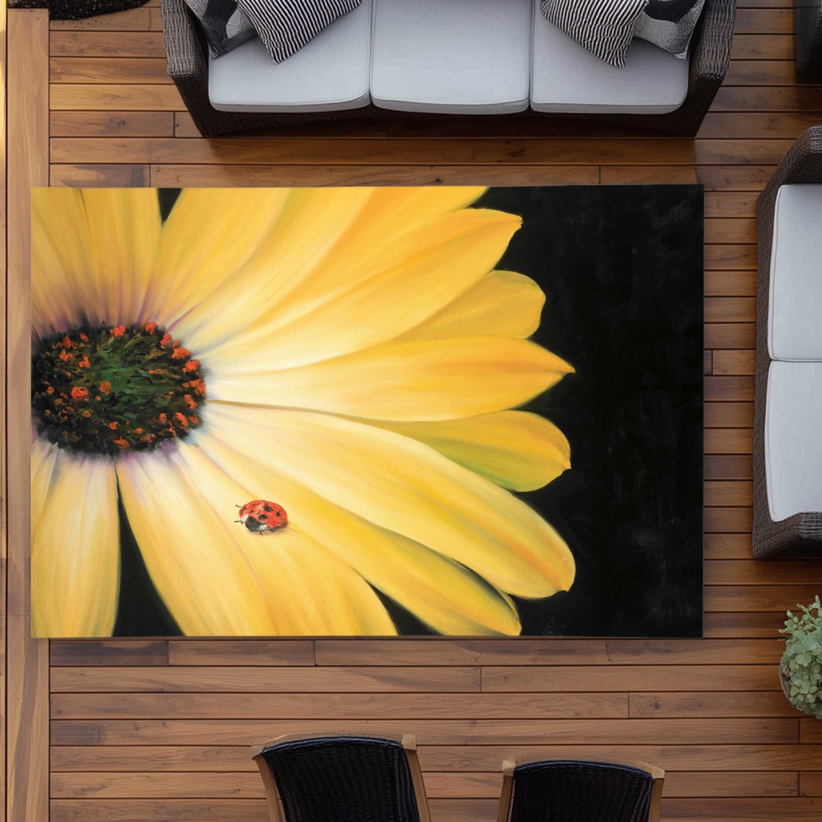C1ROAR57V0HWD2 5 x 7 ft. Yellow Daisy & Ladybug Outdoor Rectangle Area Rug - Home Decor