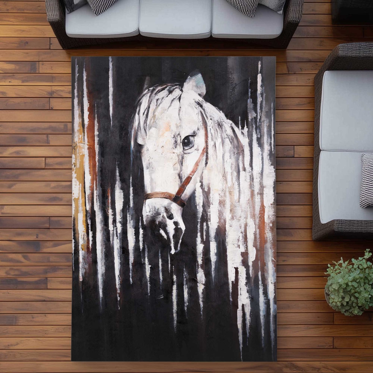 C1ROAR57W2XSXQ 5 x 7 ft. White Horse in the Dark - Black Animals Outdoor Rectangle Area Rug