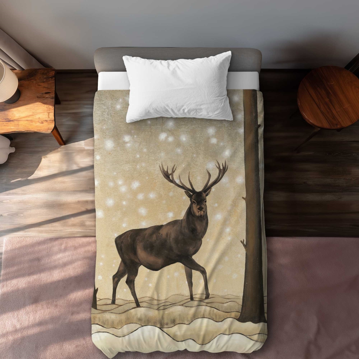 C1DCTXLWDJQIHJ Roe Deer in A Winter Landscape - Rustic Twin Size Extra Long Duvet Cover - Decor