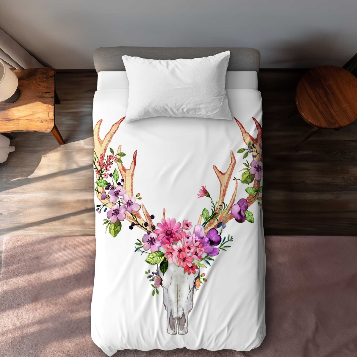 C1DCTXLWTCM69B Deer Skull with Flowers Twin Size Extra Long Duvet Cover - Unique-Bedroom Decor