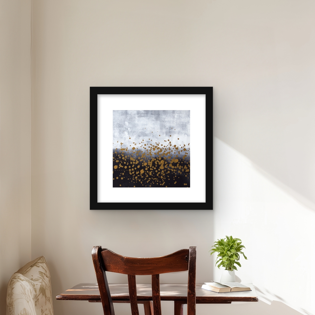 C1FM1616AUXTYG 16 x 16 in. Gold Paint Splash On Gray - Black Pattern Framed Print Wall Art