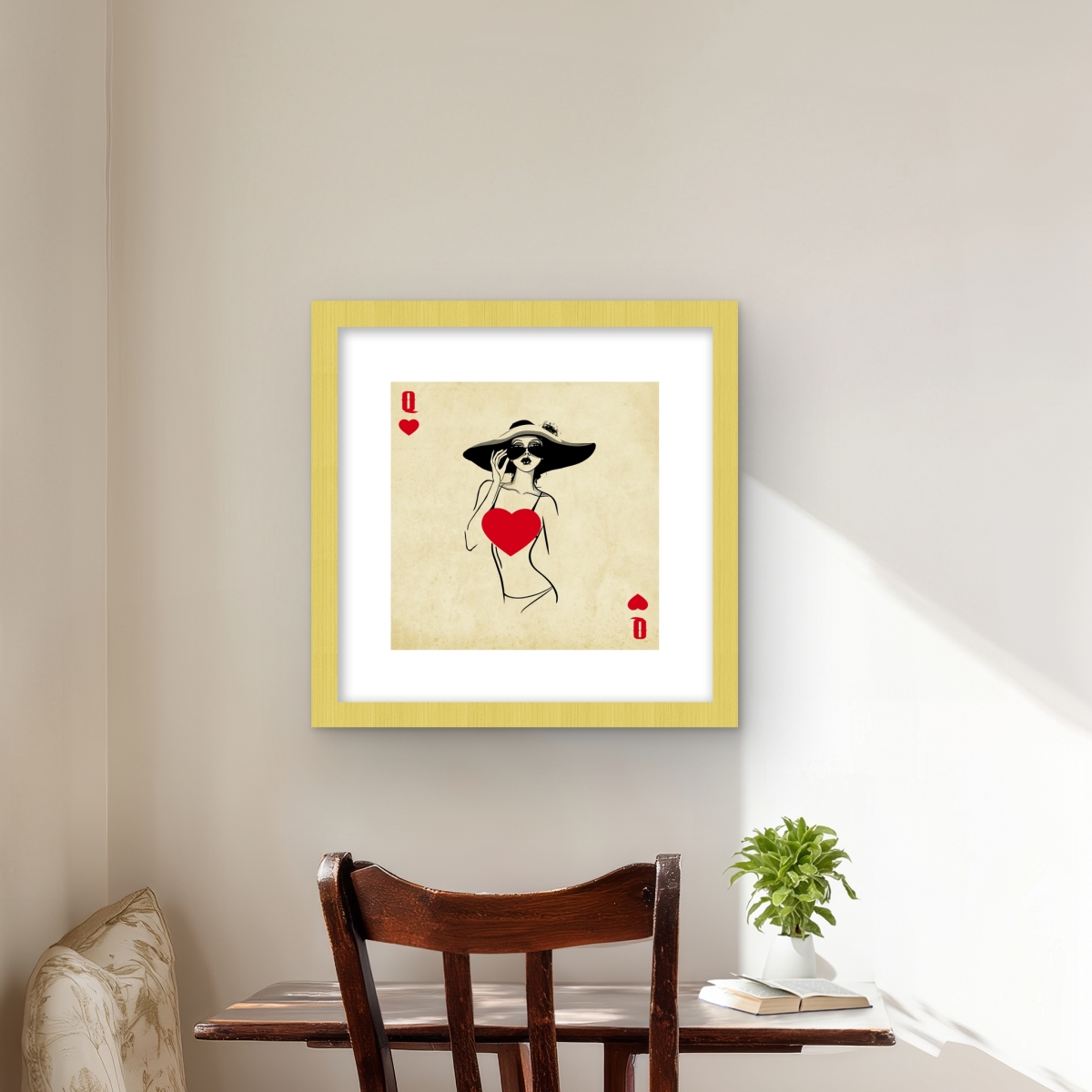 C1FM1616DDWNWF 16 x 16 in. Queen of Hearts - Red Framed Matted Print Wall Art - Man Cave Decor