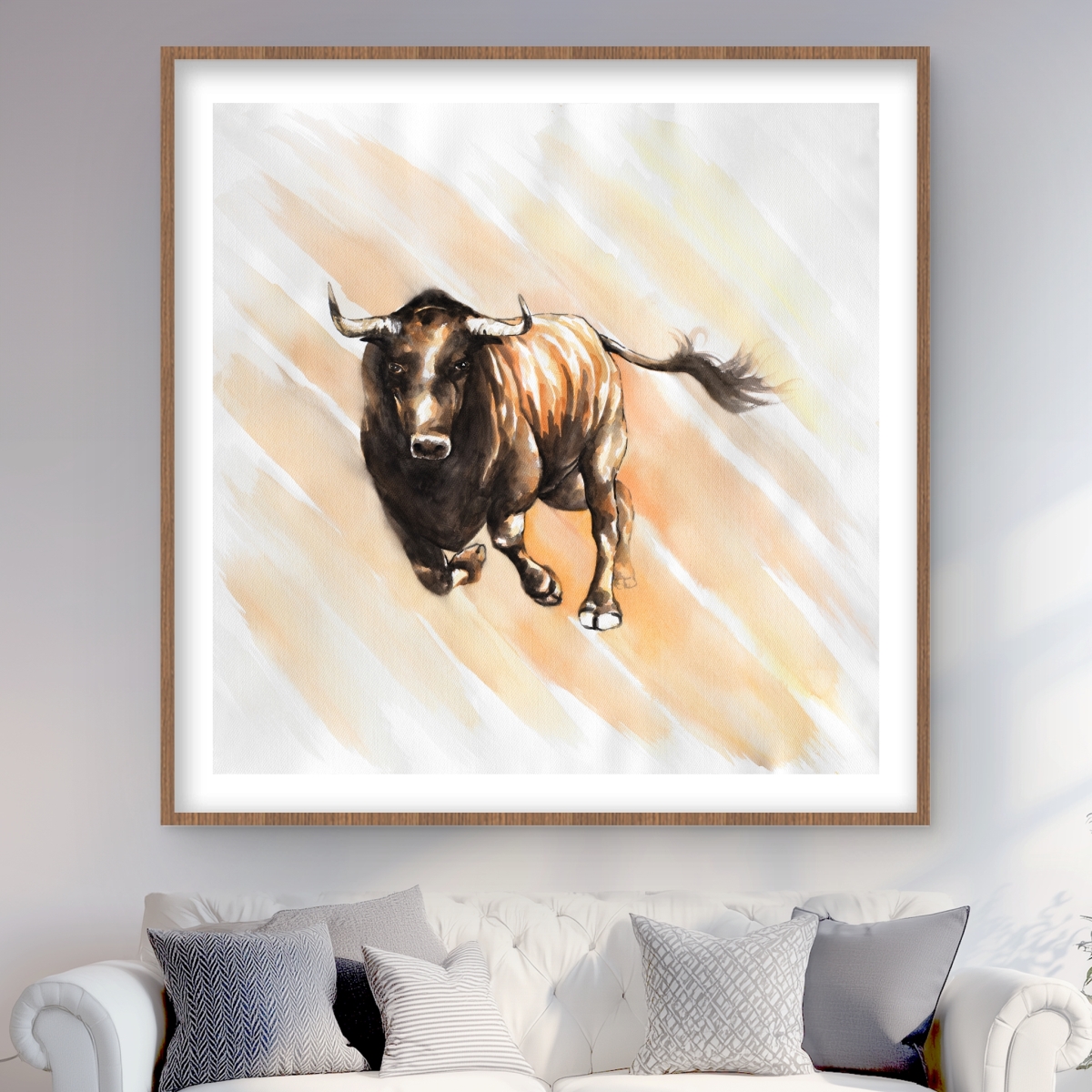 C1FM4848BAUTZH 48 x 48 in. Bull Running Watercolor Wall Art - Cow Man Cave Framed Print Decor