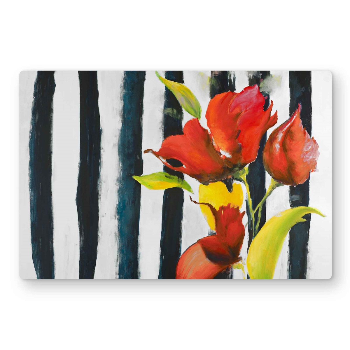 C1MP1218HEOYJJ 12 x 18 in. Flowers On Black & White Stripes Wall Art - Floral Metal Print