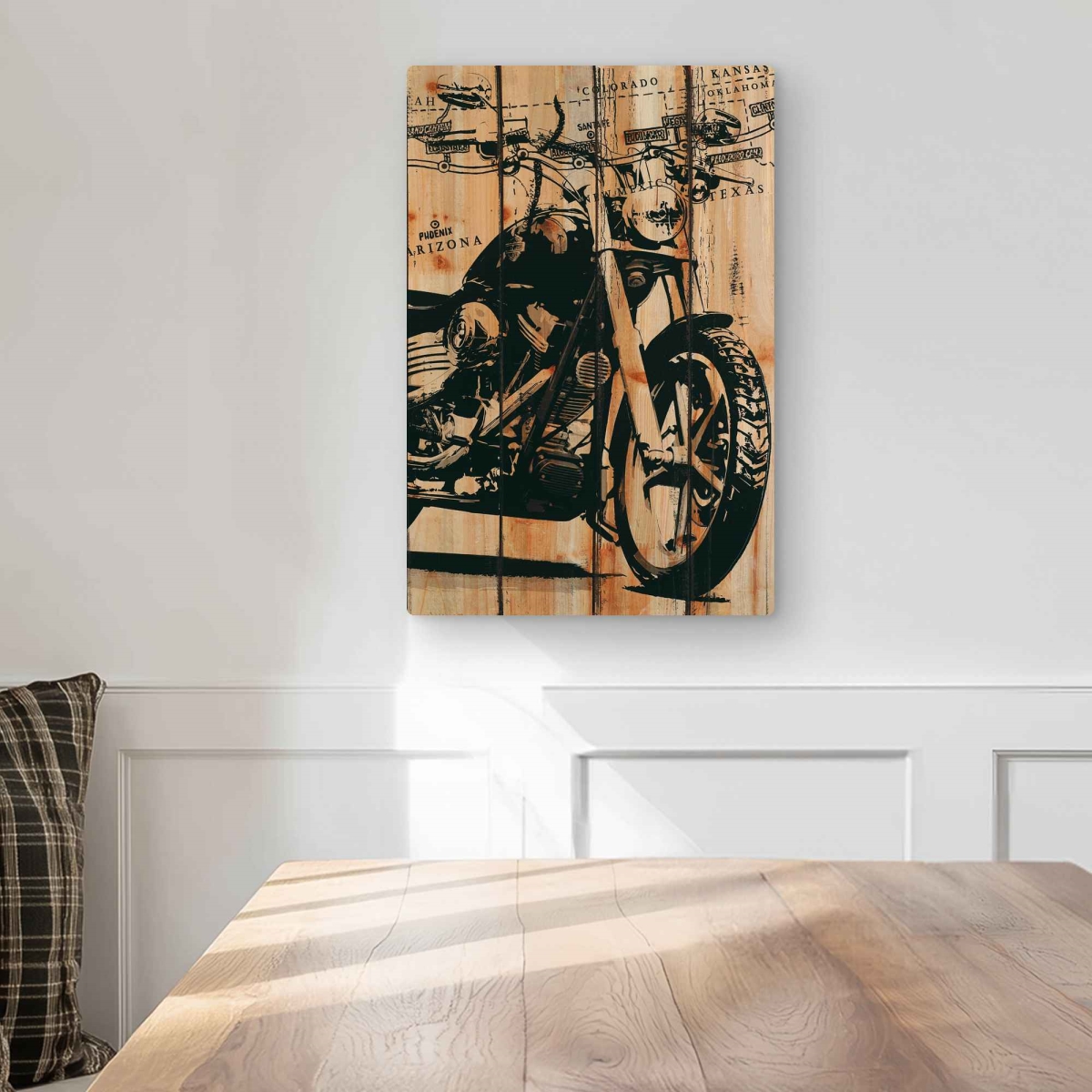 C1MP1218IFR60E 12 x 18 in. Motorcycle On Wood Background Wall Art - Brown Transportation Metal Print