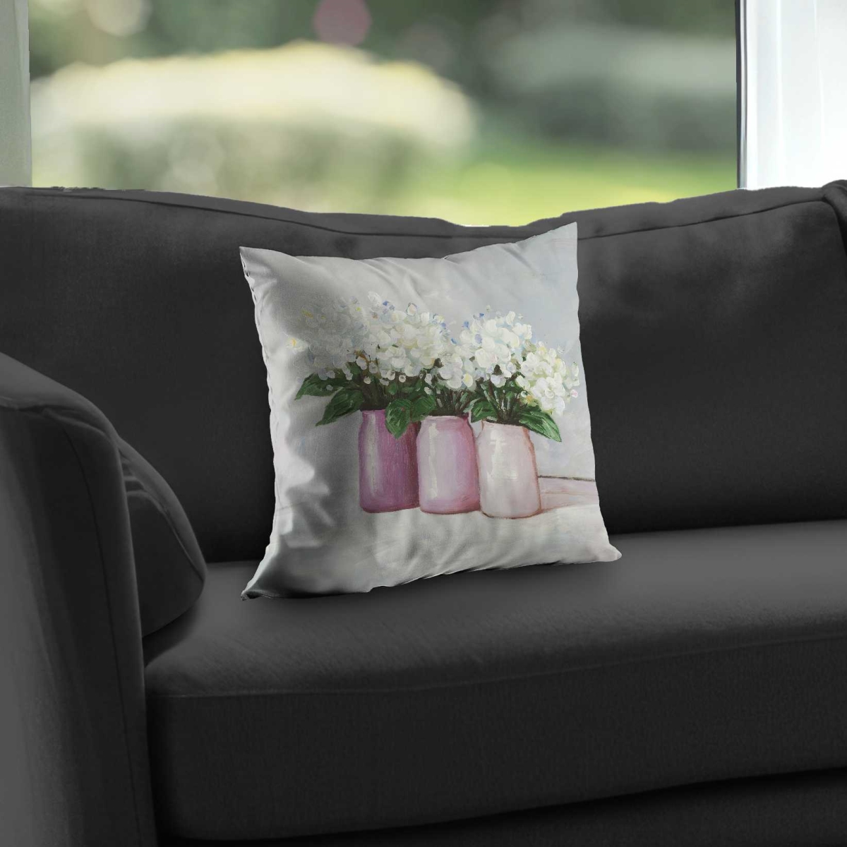 C1PC14144NXMRO 14 x 14 in. Hydrangea Flowers in Pink Vases - Botanical Throw
